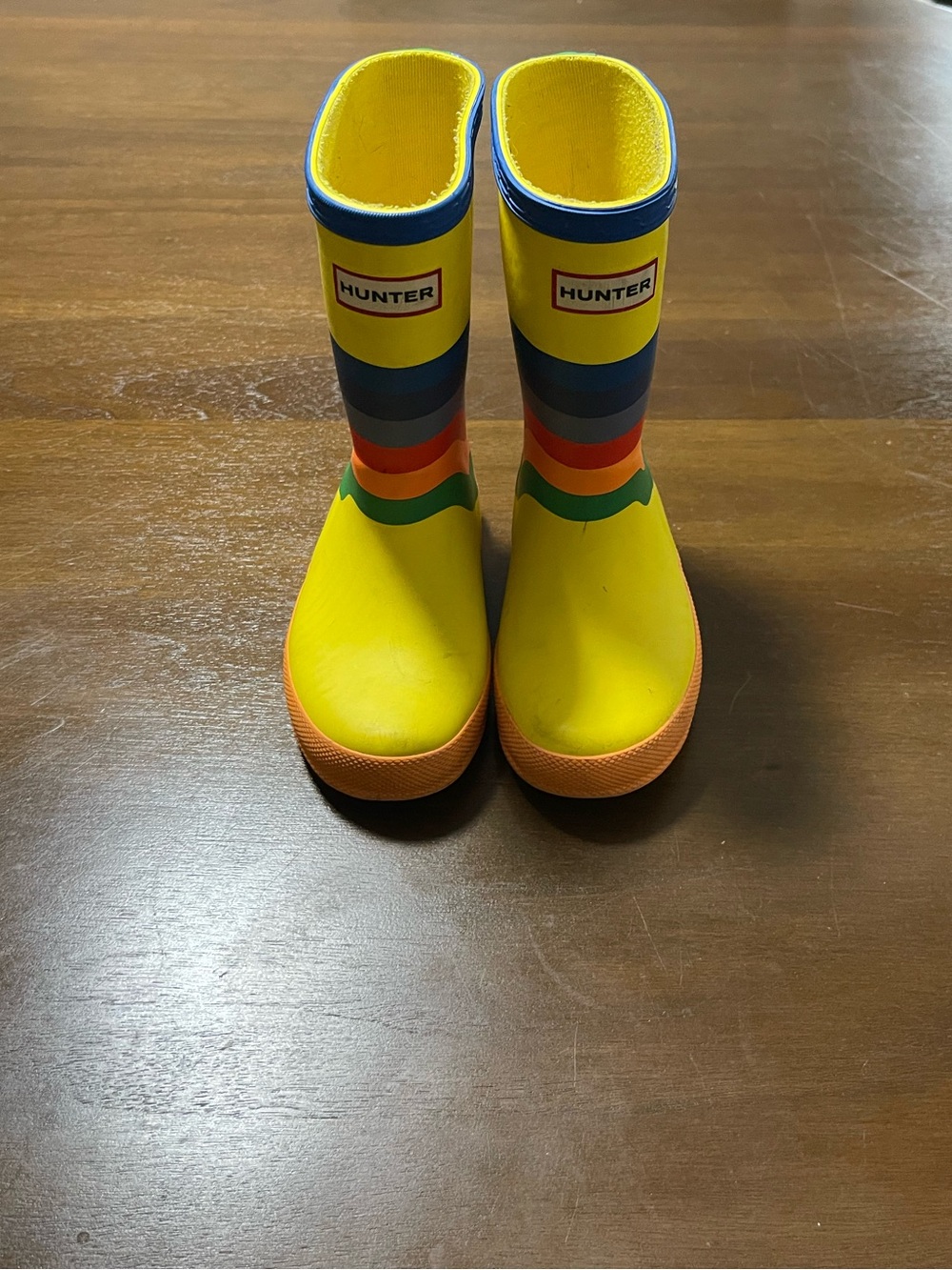 Hunter Kids Yellow Rainbow Stripe Rain Boots